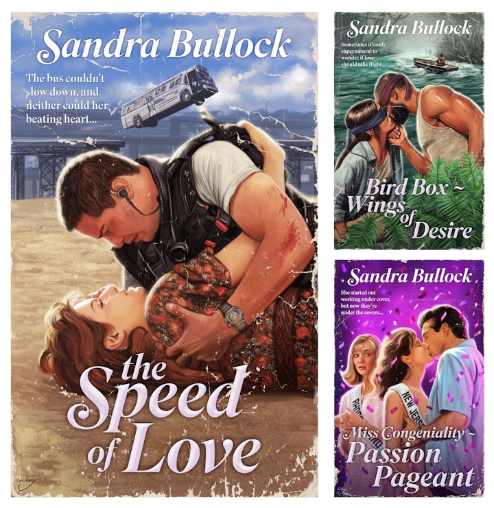 Pop Culture Homage/Parody - Sandra Bullock movies reimagined as romance novel covers for Entertainment Weekly (March 2020). AD: Anne Latini.