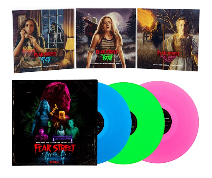 Pop Culture Homage/Parody - Gatefold cover art for Netflix's Fear Street Trilogy official soundtrack, with Waxwork Records, paying homage to Bill Schmidt's covers for R.L. Stine's Fear Street novels.