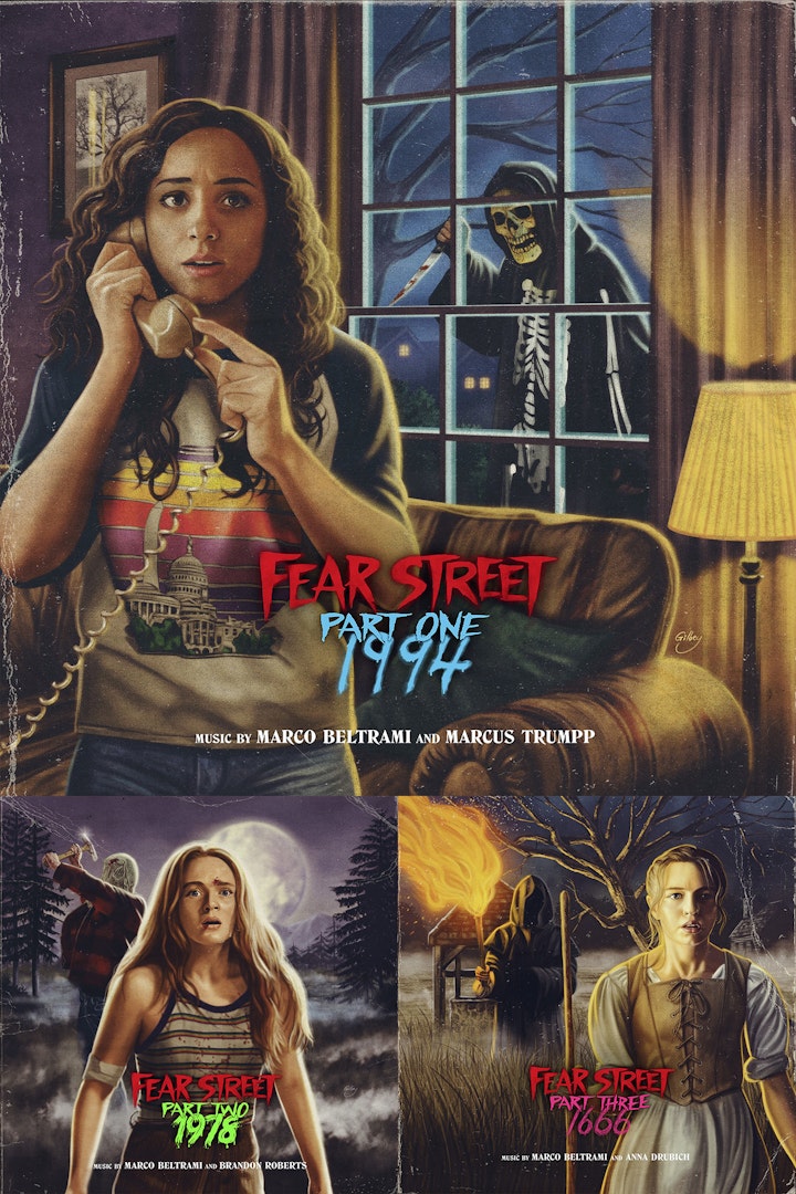 Pop Culture Homage/Parody - Gatefold cover art for Netflix's Fear Street Trilogy official soundtrack, with Waxwork Records, paying homage to Bill Schmidt's covers for R.L. Stine's Fear Street novels.