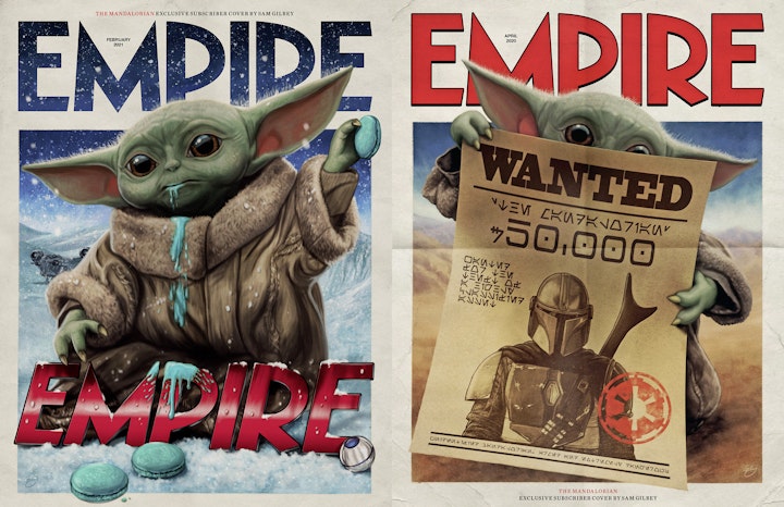 Magazine/Book Covers - Empire Magazine subscriber covers featuring Grogu from The Mandalorian, via Central Illustration Agency, Feb 2020 (right) and December 2020. Creative direction by Chris Lupton.