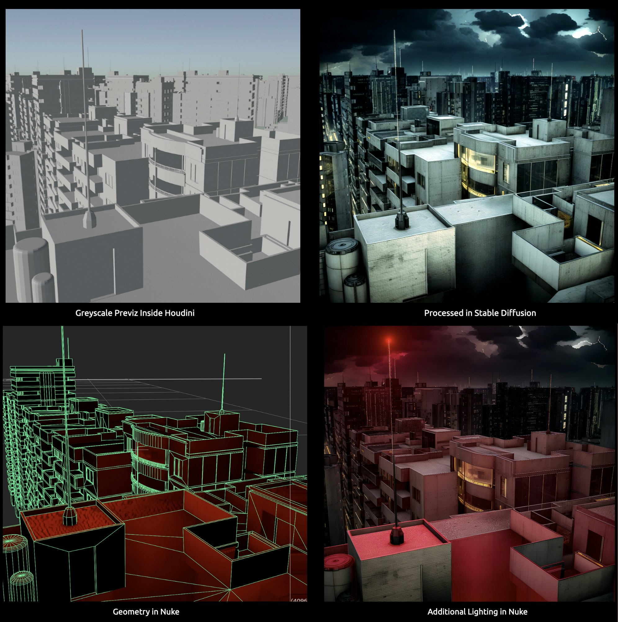 Four images illustrating the use of Stable Diffusion inside Houdini