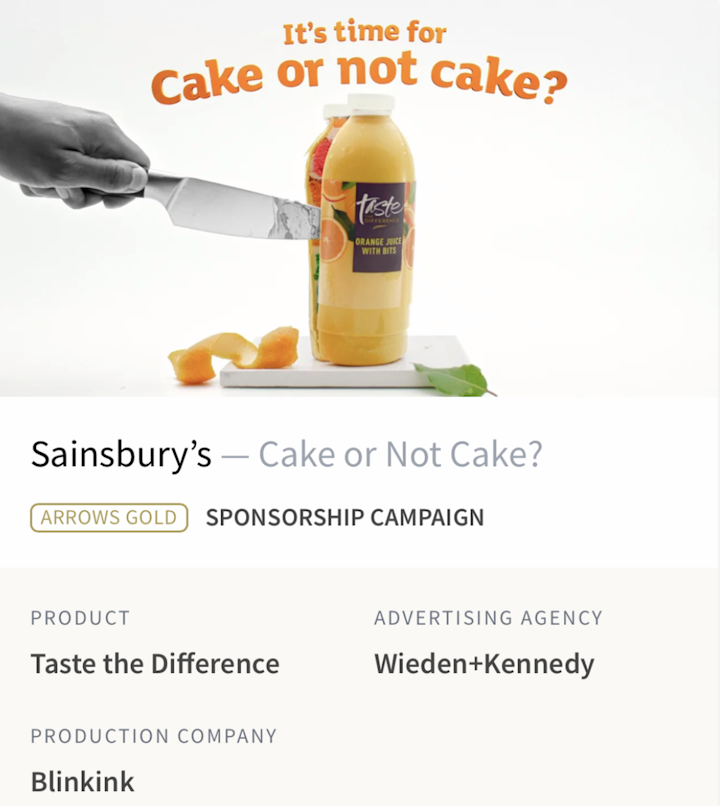 Sainsbury's cake or not cake campaign grabs gold at British arrows award 2023!