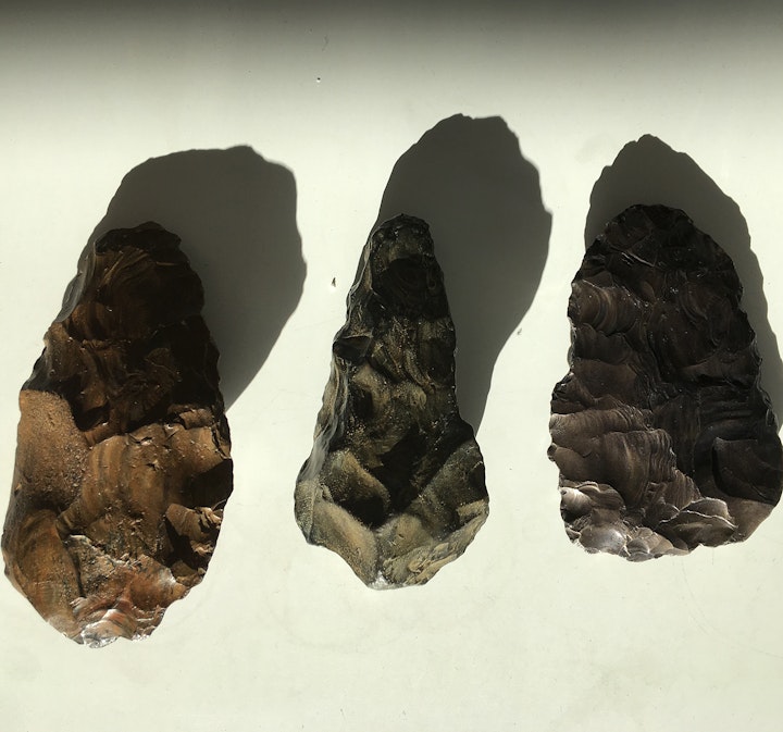 L-R:
Neanderthal Biface, from private collection, Iron. 
Lower Paleolithic Biface, Museum Of London, Iron. 
Neanderthal Biface, from private collection, Iron.