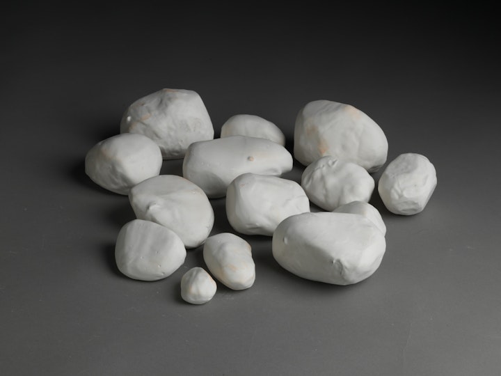 Studio assembly of 'stones'.
Plaster, expanded polystyrene, 2014.