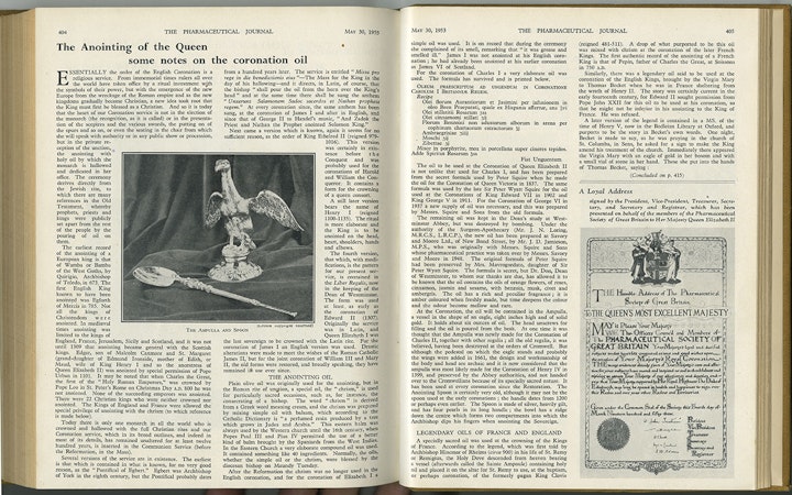 The Pharmaceutical Journal, May 1953. 
'The Anointing of the Queen; some notes on the coronation oil', including recipe.