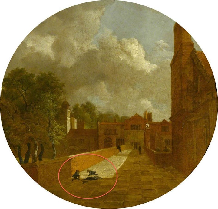 Children play marbles on the flagstones under a conspicuously cloudy sky, in the foreground of Gainsborough's The Charterhouse (1748)
