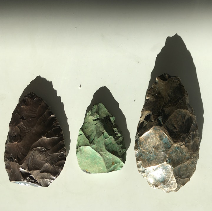 L-R: 
Modern replica, from private collection, Bronze. 
Neanderthal Biface, from private collection, Bronze. 
Neanderthal Biface, from private collection, Bronze.