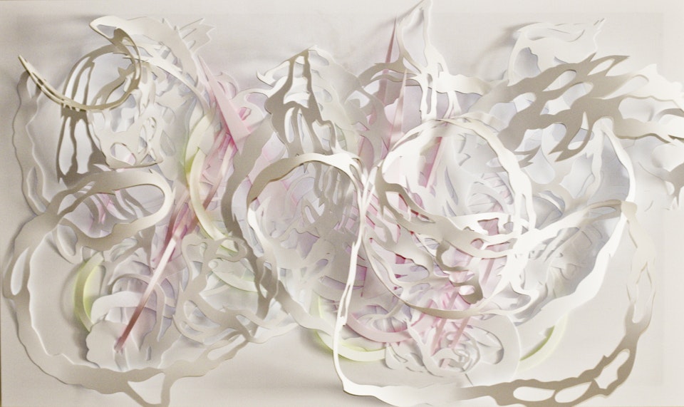 plastic - hand cut polystyrene and acrylic on wood, 32"x27"