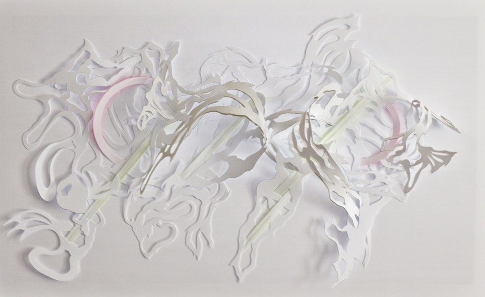 plastic - hand cut polystyrene and acrylic on wood, 32"x27"