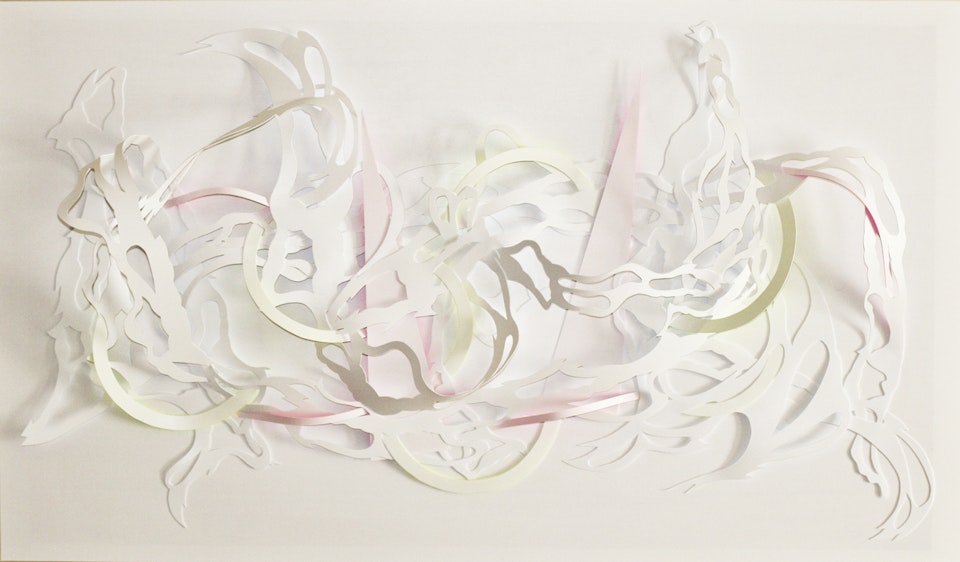 plastic - hand cut polystyrene and acrylic on wood, 32"x27"
