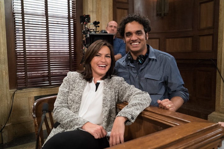 Mariska Hargitay and Sharat on the set of Law & Order: SVU, October 2014. With camera operator Jon Herron.
