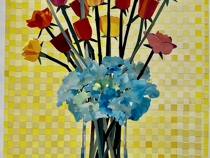Roses and Hydrangea, 38x22 inches, gouache-painted paper collage on gampi