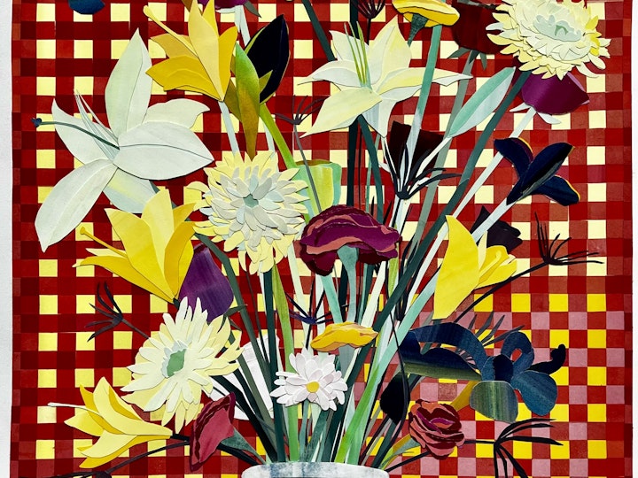Mixed Bunch, 38x23 inches, gouache-painted paper collage on gampi