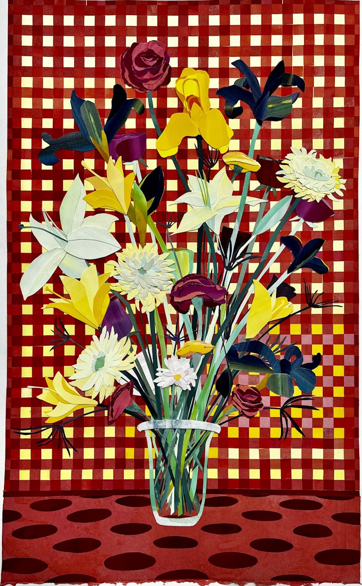Mixed Bunch, 38x23 inches, gouache-painted paper collage on gampi, 2022