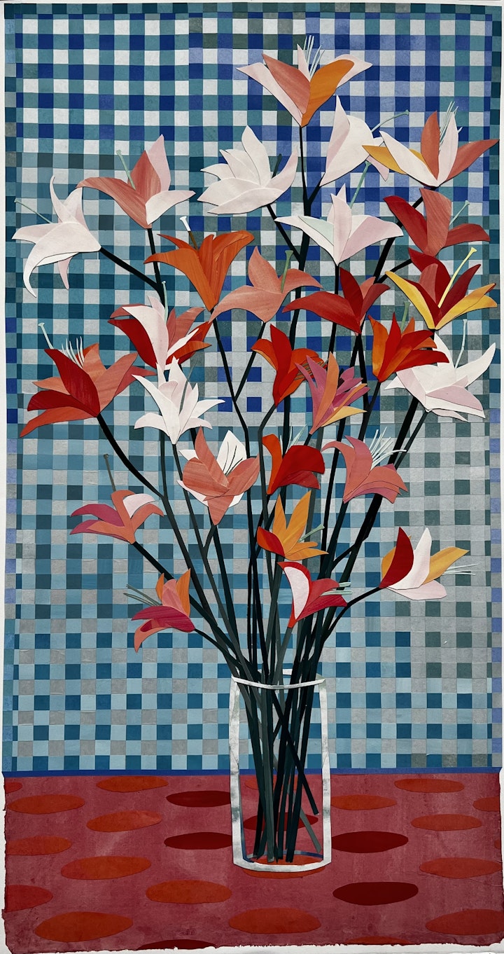 Orange and Pink Lillies, 43x23 inches, gouache-painted paper collage on gampi, 2023