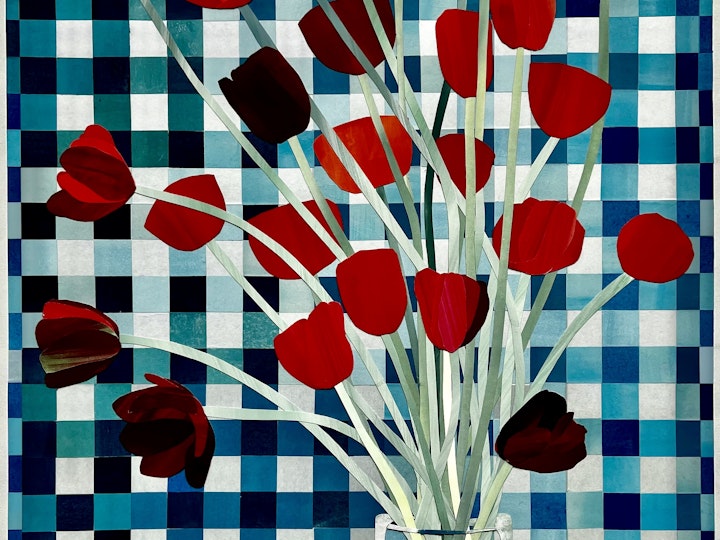 Red Tulips, 39x26 inches, gouache-painted paper collage on gampi
