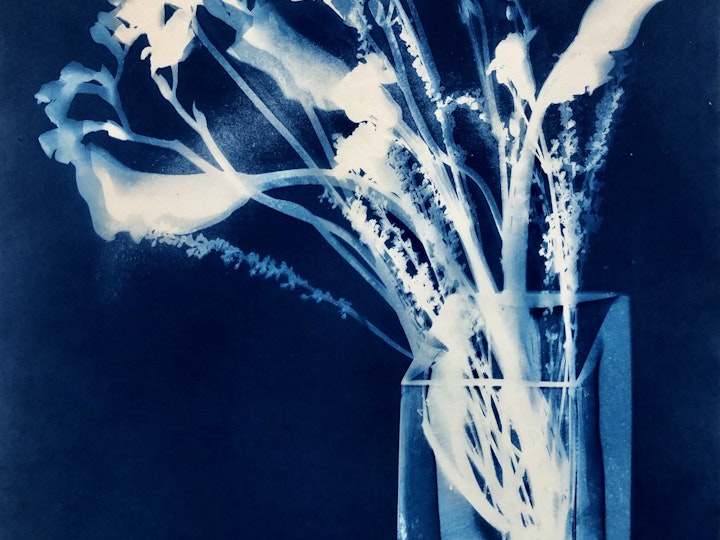 Vase with Calla Lilies, cyanotype photogram on Twin Rocker paper, 20x16 inches (#264) SOLD