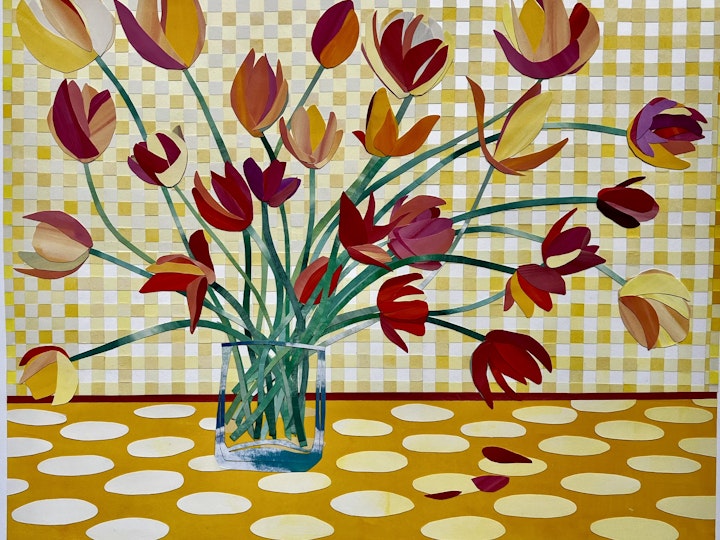 Twenty-six Tulips, 37x33 inches, gouache-painted paper collage on gampi
