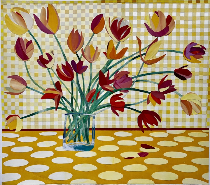 Twenty-six Tulips, 37x33 inches, gouache-painted paper collage on gampi, 2023