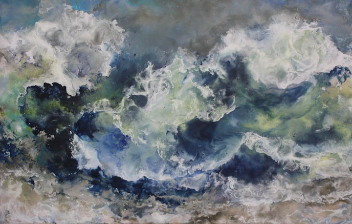 In Cape Ann Lifestyle Magazine, Making Waves: Ruth Hamill’s paintings strive to capture the emotion of the natural world, October 2014, (Chop, 22x34, encaustic on canvas)