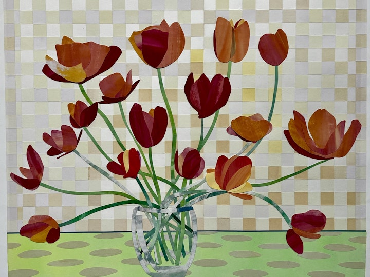 Seventeen Tulips, 36x38 inches, gouache-painted paper collage on gampi