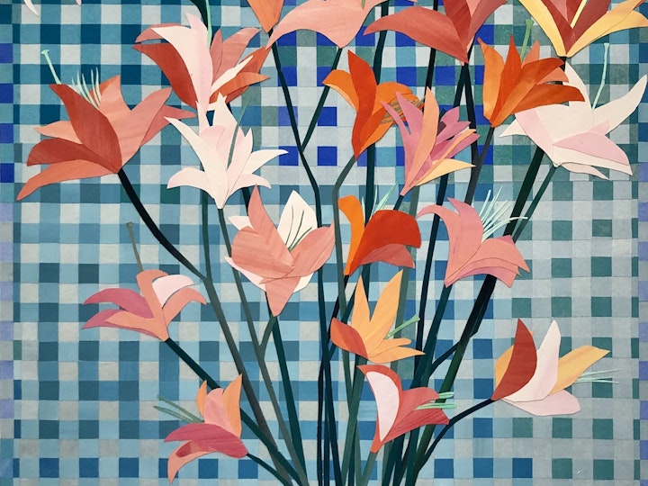 Orange Lilies, 42x23 inches, painted paper collage on Japanese gampi paper