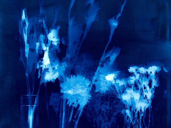 With Tiny Carnations, cyanotype photogram on Arches Platine, 44x30 inches (#208)