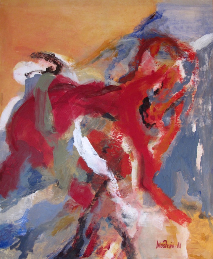 Dans - Dans
Disse bildene er malt i Kashba BahaBaha i N´kobe i en frodig hage med utsikt til et fantastisk goldt fjellandskap rundt.
Disse fire bildene er 140 x 115 cm og malt med egg-olje- tempera. Inspirert av fargene kjøpte jeg Marrakech-rød på markedet.