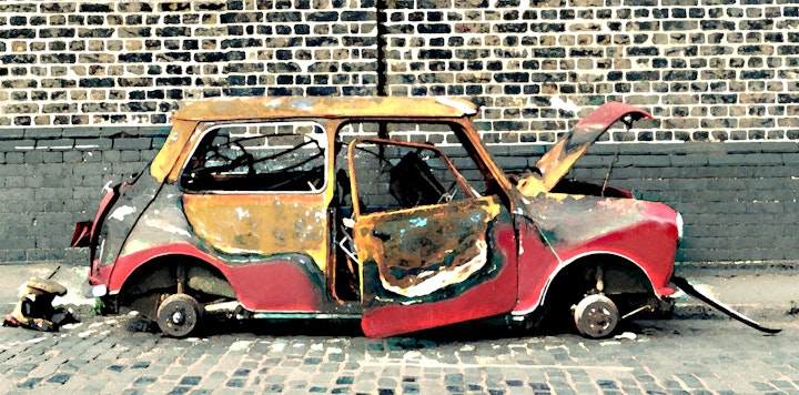 Burnt out Mini, Chenies Road. 1982.