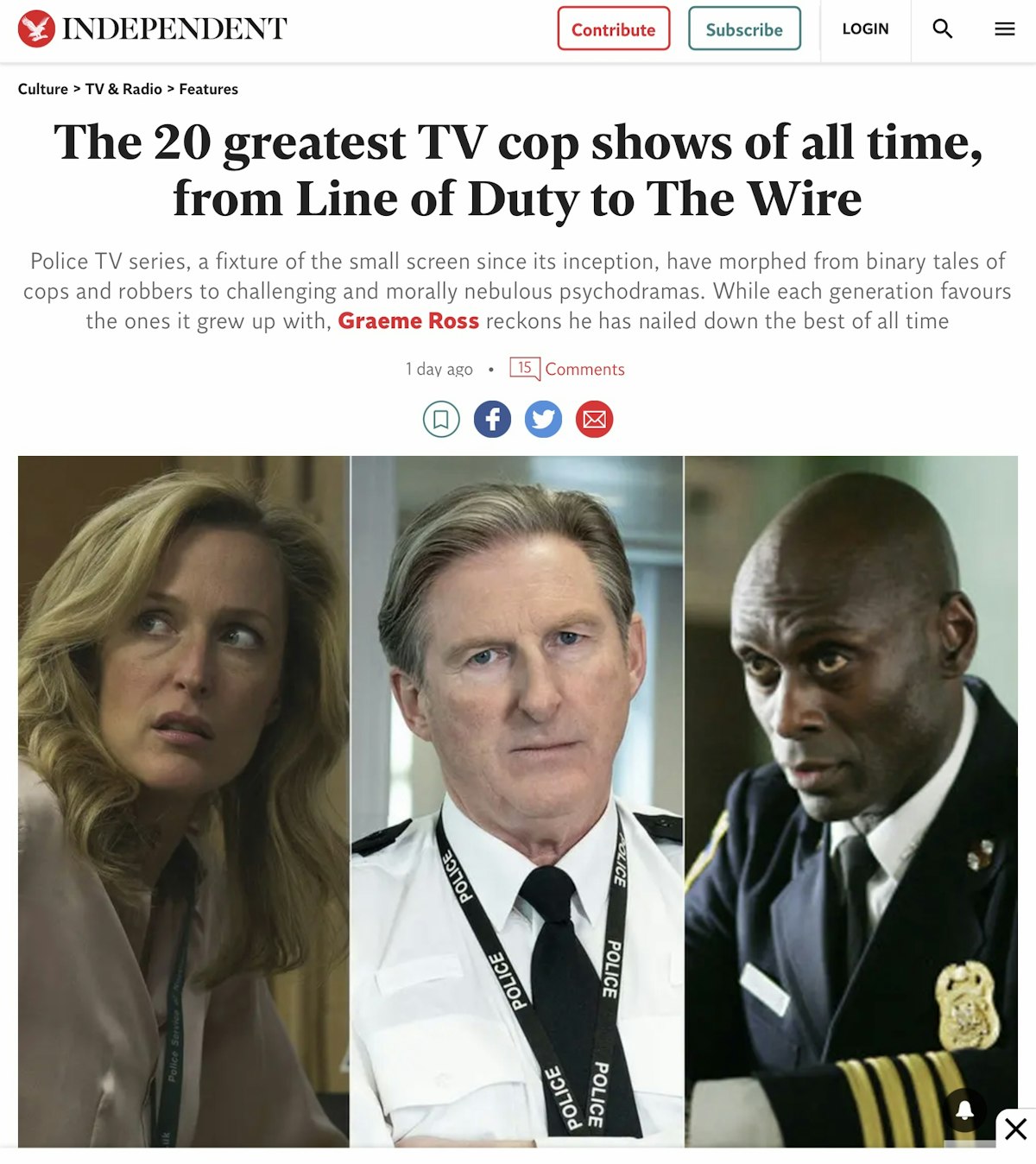 LINE OF DUTY AND THE FALL BOTH NAMED IN THE INDEPENDENT'S TOP 20 TV COP SHOWS OF ALL TIME.