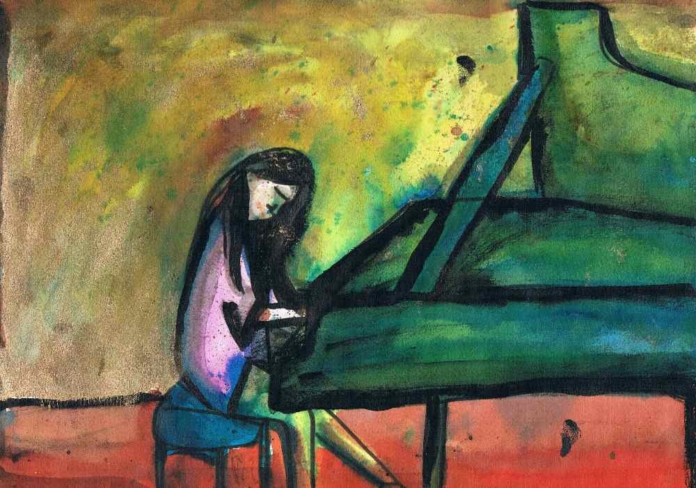 Einat Aloni - The pianist, Watercolor on paper, 30X20 cm