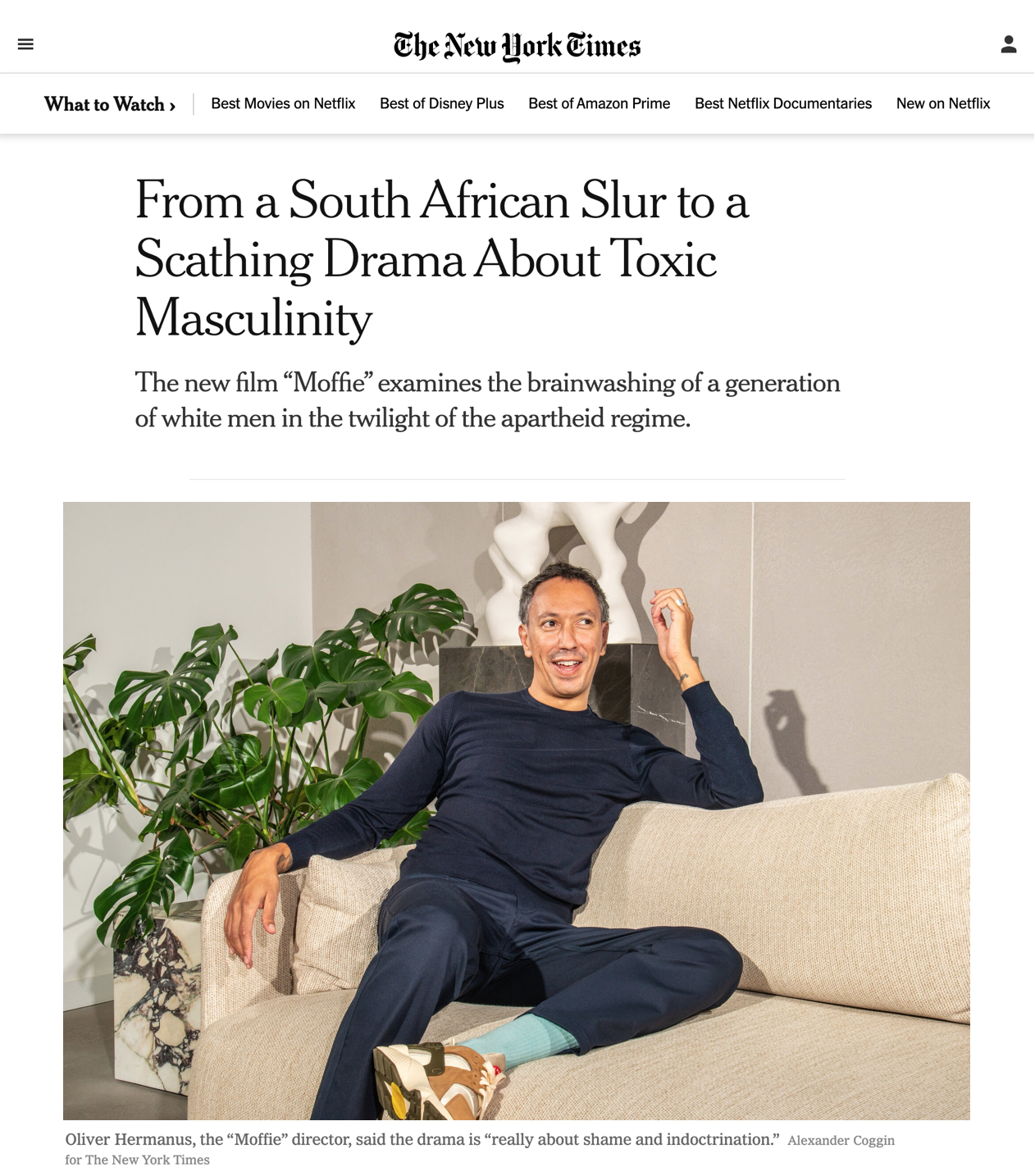 New York Times interviews Oliver Hermanus ahead of the US release of 'Moffie'