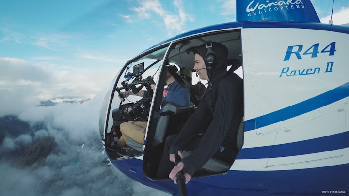 "Lost in New Zealand" shooting in a "Wanaka Helicopters" helicopter