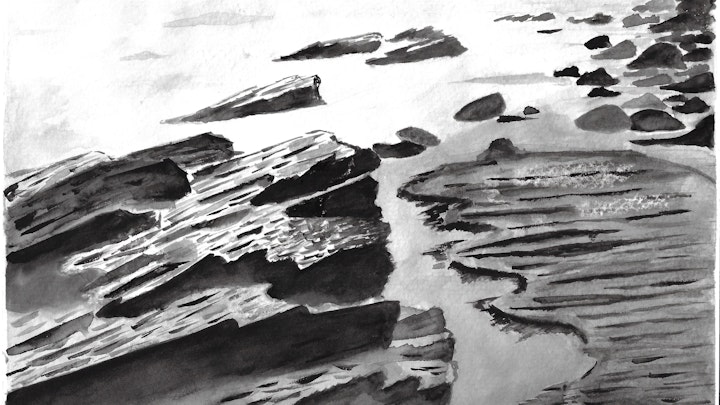 Watercolor (Monochromatic) Ocean with Rocky Beach - 9" x 12"