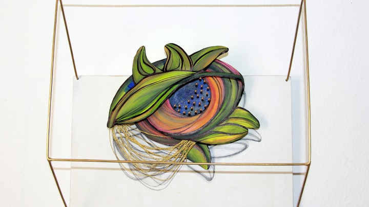 Parallel Universe . Flora's Eye .
Mixed Media on Birchwood and Canvas. 3D . 16 x 11 x 6 in