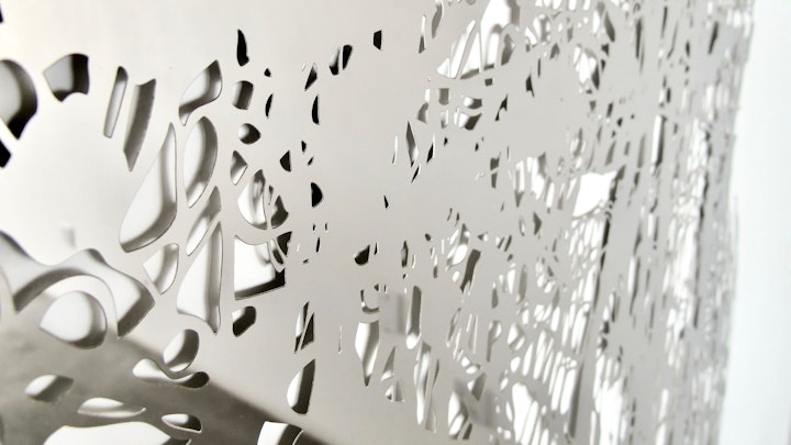 Super Silver Lily Bomb | 36 x 70 inches | acid cut stainless steel polished to mirror finish | 2011
© Chris Natrop