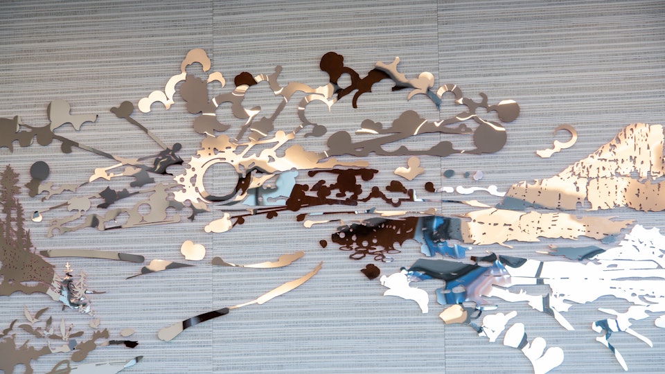Big Sky Sunset - BIG SKY SUNSET
mirror polished stainless steel, acid cut, paint | 74 x 181 x ½ inches | 2019
permanent site specific commission | ﻿Private Collection, Huston, TX
© Chris Natrop