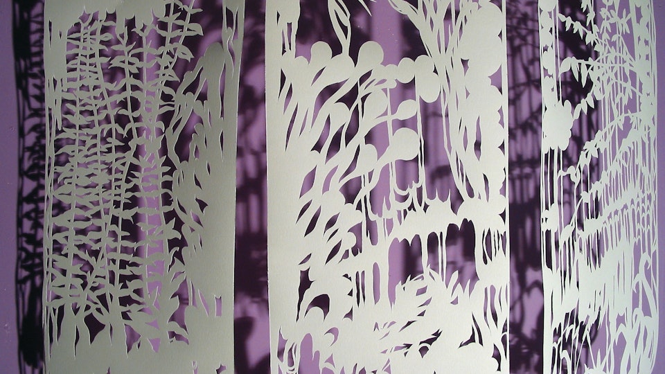 White Paper Color Field Series - Lily Grub Burst  (detail) | cut paper, painted wall, wire. lighting | 2003 
© Chris Natrop