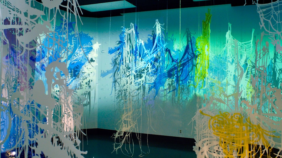 Dewdrop Redux 2 - DEWDROP REDUX 2 | size variable | cut paper with watercolor, glitter and magic string; cut acrylic sheet; HD video projection | 2008 
Solo Exhibition | Wignall Museum, Chaffey College | 2008
© Chris Natrop