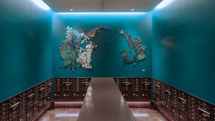 CANDY BOWL REFLECTION | 76 x 142 x2 | acid etched stainless steel, rainbow painted edges, teal wall, mailroom, DTLA | 2020