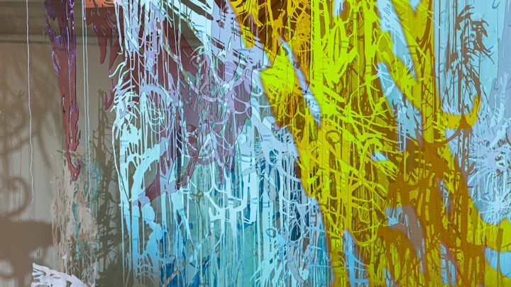 AND FURTHER THE DEWDROP FALLS | cut paper with watercolor, glitter and magic string; cut acrylic sheet; HD video projection | Chris Natrop Solo Exhibition | MOCA Jacksonville | 2008