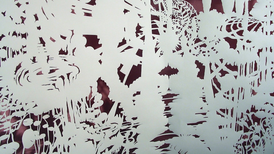 White Paper Color Field Series - Lily Swell Machine (detail)  | cut paper, painted wall, wire. lighting | 2003 
© Chris Natrop