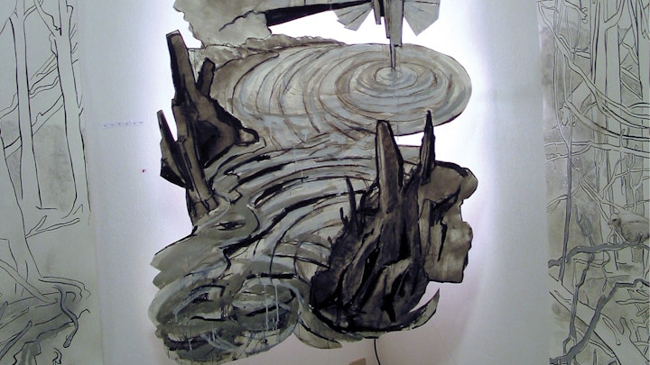 disquiet | gouache and charcoal on cut paper, cut paper wood, backlighting, wire | 2002 | Arte Contemporanea Genova, Genoa, Italy