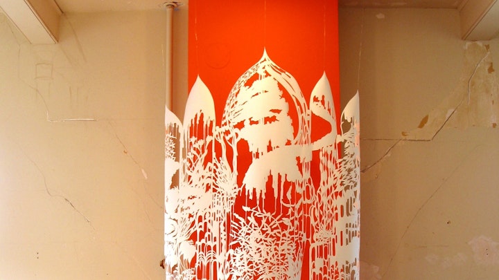 LANDSCAPE BLOSSOM POP | 72 x 84 inches | one piece of cut paper suspended by wire in front of orange painted wall with cast shadows | 2003 | Close Calls: 2004, Headlands Center for Arts, Marin Headlands, CA
© Chris Natrop