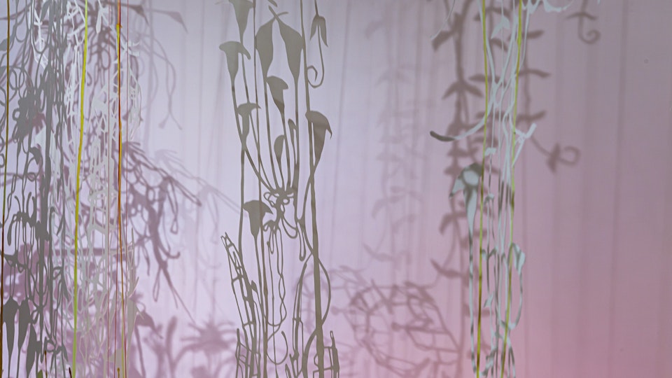 Lily Ponder - LILY PONDER
size variable | watercolor on hand cut paper, mylar, 2-way mirror, fluorescent lighting, thread | 2012  | UMaine Art Museum, Bangor, ME