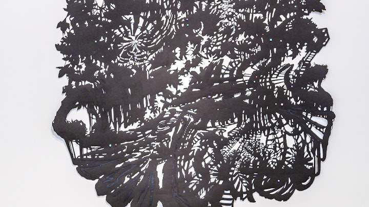 BLACK BLACK BUTTERFLY SPARKLE BOMB
sizes variable | black tape on hand cut black Somerset velvet printmaking paper with crystal earrings | 2006
© Chris Natrop