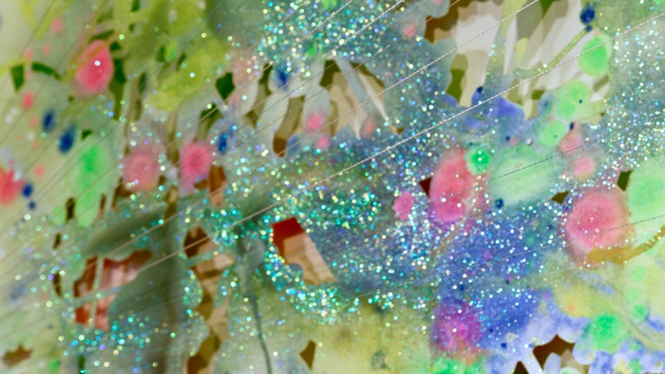 Jungle Diamond Burst - Jungle Diamond Burst | 60 x 230 x 24 inches | acrylic and glitter on paper, string, nails | 2018 |
© Chris Natrop