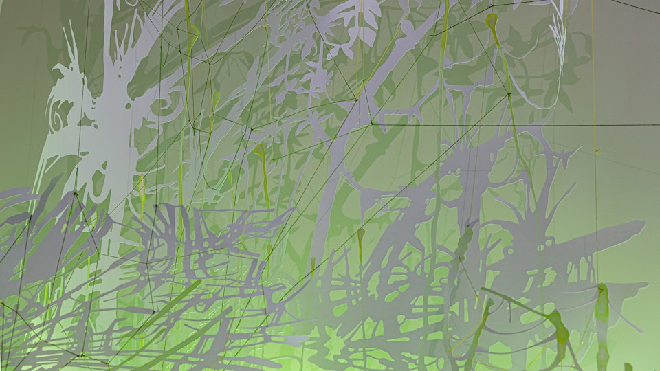 Glitterati Swamp Thing - GLITTERATI SWAMP THING | site-specific commission | 14 x 10 x 3 feet | watercolor, iridescent medium on cut paper, fluorescent fixtures, color gel overlays  © CHRIS NATROP