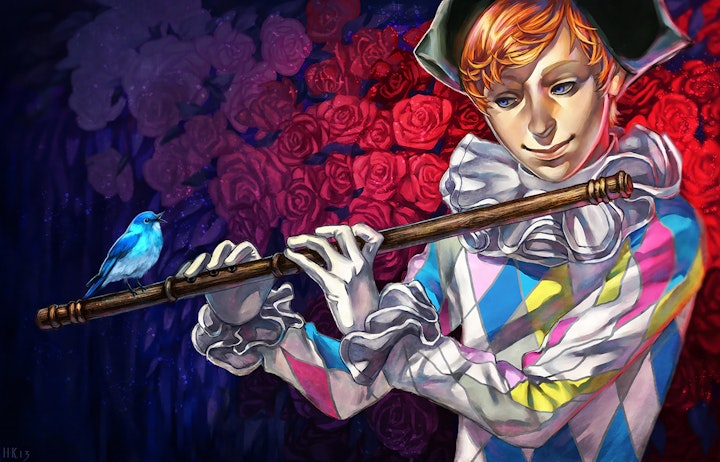 Game Art - A flutist harlequin character portrait